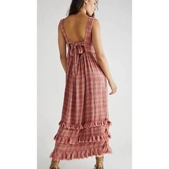 Free People Lily Anne Maxi Dress Plaid Ruffle Hem BackTie Rose Terracotta M - Picture 4 of 15
